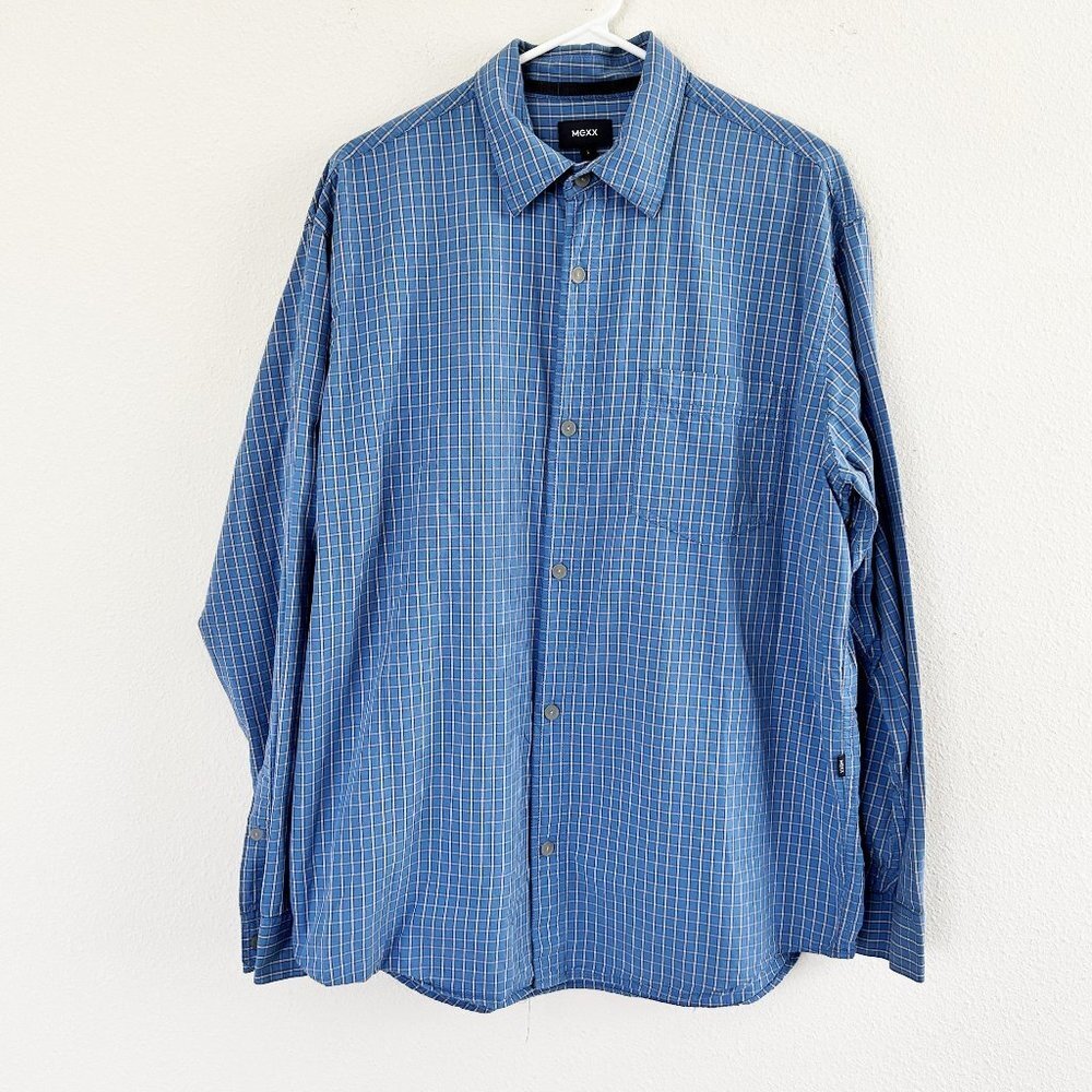 MEXX Mens Button Down Shirt Size‎ L Blue White Plaid Long Sleeve Cotton